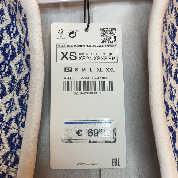 Zara Frayed Printed Blue and White Round-Neck Jacket with Front Pockets - Picture 5 of 8